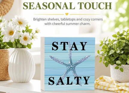 Stay Salty Wood Box Sign for Beach House Decor and Beach Lovers, Coastal Summer Starfish Tabletop Decoration for Home Office Bathroom Shelf Desk, Ocean Theme Gift