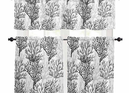 Hokiten Black Gray Coral Coastal Curtains Valance and Tier Set, Beach Nautical Rod Pocket Tier Curtain 24 Inch Length, Summer Small Window Treatment Panel Drapes for Kitchen Sink, 54" x 18"+55" x 24"