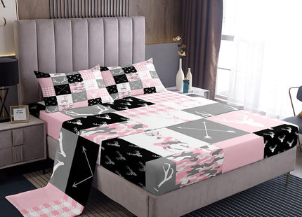 Camo Kids Sheet Twin,Deer Antler Silhouette Pink Camouflage Bedding Set for Boys Girls New Year Xmas Decor,Wild Animals Rustic Arrow Geometric Lattice Bed Sheet Set 3pcs(Fitted + Flat + 1 Pillowcase)