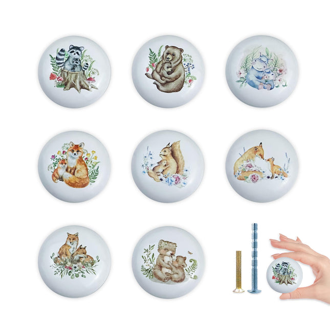 Lasyman 8Pack1.5 Flower Safari Animals Ceramic Cabinet Knob Cute Bear Nursery Kids Furniture Handle Round Dresser Drawer Knobs and Pulls