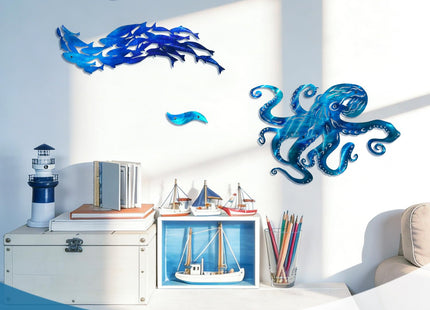 LiveInUrban Coastal Wall Art Octopus Metal Wall Sculptures, Ocean Beach Themed Metal Hanging Home Decoration 15.7"x11.1"