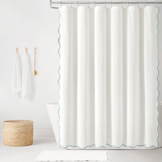 Lush Decor Coastal Chic Scallop Edge Linen-Textured Shower Curtain, Single 72" W x 72" L, Blue & White - Scalloped Shower Curtains - Coastal Bathroom Curtain