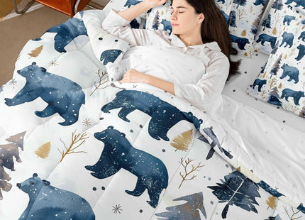Erosebridal Cabin Bear 7 Piece Comforter Set Full | Wildlife Jungle Hunting Bed in A Bag Wild Animals Farmhouse Sheet Set Winter Snowflakes Pine Trees Fitted Sheet Breathable Lightweight