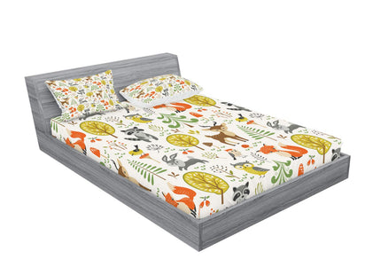 Lunarable Animals Fitted Sheet & Pillow Sham Set, Woodland Forest Animals Trees Birds Owls Fox Bunny Deer Raccoon Mushroom Print, Decorative Printed 3 Piece Bedding Decor Set, Calking, Orange Brown