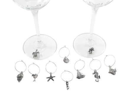 10 Piece Beach Themed Wine Charm Set - Nautical Stemmed Wine Glass Charms