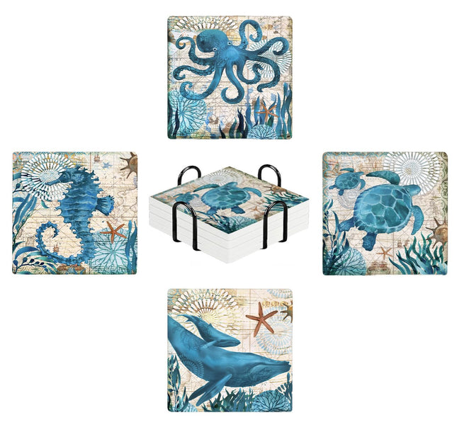 Nicegod Coastal Coasters Set of 4 for Drinks, Square Absorbent Ceramic Coaster, with Metal Holder and Cork Base, Beach Sea Ocean Life Theme Coasters for Coffee Table Kitchen Party Housewarming Gifts