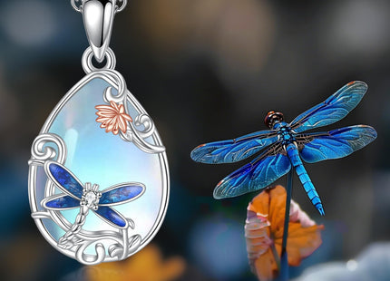 LUHE Dragonfly Necklace 925 Sterling Silver Moonstone Pendant Necklace Dragonfly Jewelry Gifts for Women