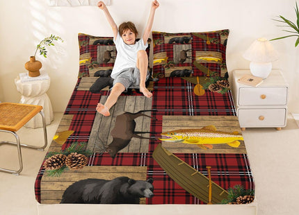Bear Deer Moose Sheet Set Full Black Red Buffalo Plaid Fishing And Hunting Bed Sheets Wild Animal Lake House Bedding Set Rustic Farmhosue Fitted Sheet Country Cabin Lodge Flat Sheet + 2 Pillow Cases