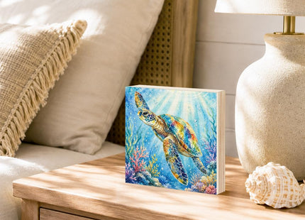 PISHOVI Ocean Turtle Wooden Box Sign, Rustic Sea Turtle Shelf Decoration