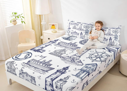 Sea Nautical Fitted Sheet Queen Size,Lighthouse Ship Sailboat Bed Sheet Coastal Ocean Theme Bedding Set 3Pcs for Kids Boys Adult Room Decor,Sketch Style Navy White Deep Pocket Sheet,2 Pillowcases