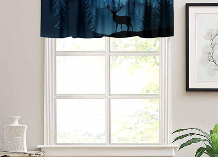 JanJCurt Misty Mountain Deer Valance Curtain, Rustic Retro Blue Foggy Forest Landscape Nature Woodland Wild Animal Deer Print Blackout Window Drape for Kitchen Bedroom, 54x18inch