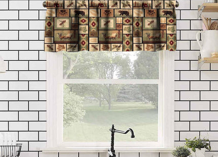 Djaby Vintage Country Lodge Curtains, Rustic Bear Deer Plaid Splicing Valance Curtain for Living Room Bedroom Cafe 54x18inch