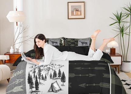 Hunting Rustic Lodge Bedding Set Twin, Deer Bear Patchwork Duvet Cover Retro Cabin Lodge Comforter Cover For Kids Teens Adult Men, Camping Moose Elk Quilt Cover With 2 Pillow Cases, Grey Black
