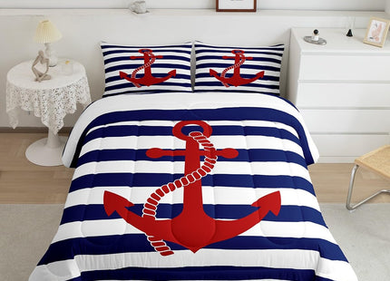 Nautical Anchor Comforter Set Queen,Geometric Stripes Duvet Insert Ocean Adventure Theme Quilted Duvet Set Navy Blue and Red Bedding Set 3pcs for Kids Girls Teens Boys Room Decor with 2 Pillowcases