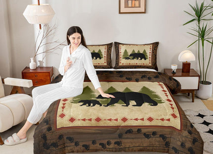 Rustic Farmhouse Bear Paw Print Comforter Set - Queen Size, Nature Woodland Theme, Down Comforter & Duvet Insert in Brown & Green