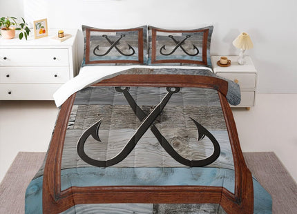 Fish Hook Anchor Kids Comforter Set Queen Size,Lake House Cabin Nautical Bedding Set,Girls Boys Adults Room Decor,Wooden Board Stripes Down Comforter,Rustic Farmhouse Duvet Insert,2 Pillowcases
