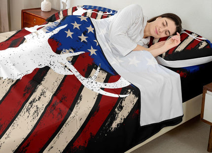 American Flag Retro Sheet Full Size,Deer Antlers Animal Bedding Set,Boys Adults Xmas/Bedroom Decor,Red Blue Stars Striped Rustic Hunting Farmhouse Bed Sheet Set 4pcs(Fitted + Flat + 2 Pillowcases)
