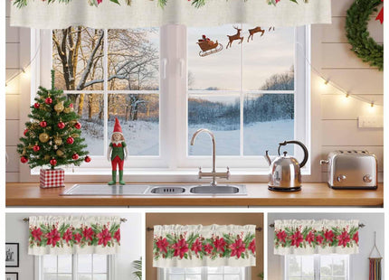 Merry Christmas Red Poinsettia Kitchen Curtain Valance, Window Curtain Valance Rod Pocket, 1 Panel Small Valances Window Treatment for Bathroom Living Room Cafe (54x18in Green Pine Tree Leaves)