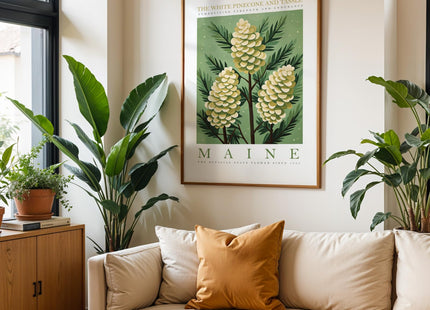 Maine State Flower Poster Wall Art Prints, White Pine Cone and Tassel, Trendy Floral Poster, Abstract Botanical Wall Art for Office, Bedroom, Bathroom, Living Room Decor (Unframed)