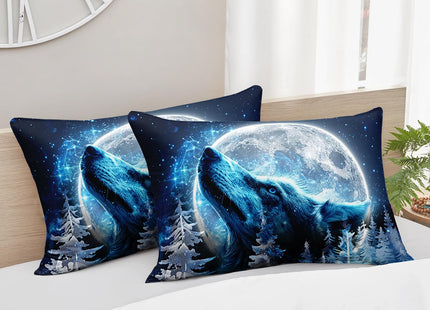 AILONEN Boys Wolf Bedding Set Full,Blue Starry Moon Wolf Comforter Set,Ice Howling Wolf Forest Printed Wildlife Kids Men Soft Comforter with 2 Pillowcases,3-Piece