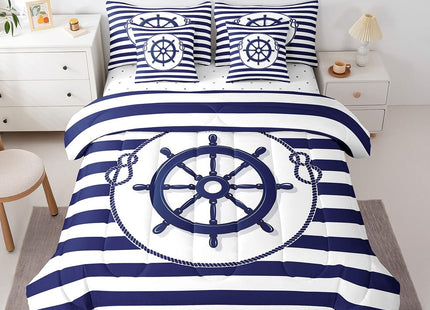 Erosebridal Steering Wheel Compass Comforter Set 7 Piece Bed in a Bag Twin,Blue White Stripes Bedding Sets Nautical Rope Knot Sheet Set with Comforter