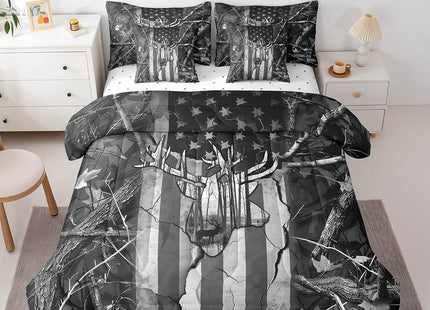 Erosebridal 7 Piece American Flag Deer Comforter Set Twin Black Grey Woodland Deer Bed in a Bag USA Flag Bedroom Decor,Wildlife Hunting Bedding Set with Fitted Sheet,Flat Sheet,Pillowcases & Shams