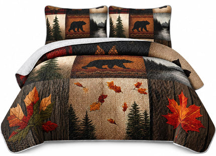 AILONEN Rustic Bear Quilt Set Queen Size,Western Bedspread Bedspread Coverlet with 2 Pillowcases,3-Piece Bear Walk Cabin Plaid Bedding Set