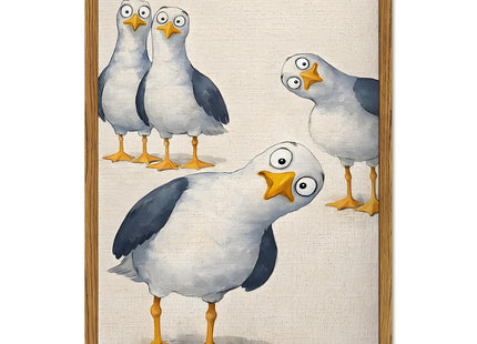 Framed Funny Seagull Bird Canvas Wall Art, Whimsical Nosy Coastal Birds Pictures Wall Decor, Cute Beach Animal Poster Prints Eclectic Home Decor for Living Room Bedroom Bathroom 12x16 inch