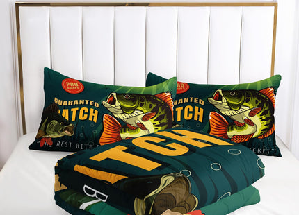 Nttopship Big Pike Fish Comforter Sets, Hunting and Fishing Pattern Bedding Set Twin Size for Kids,Fishing Underwater Animals Bedding Sets All Season 1 Comforter and 2 Pillowcases