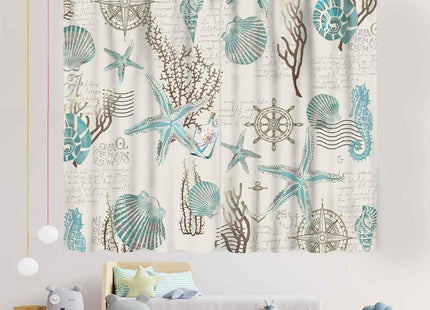 Nautcial Starifish Window Curtains, Beach Theme Coastal Seashell Starfish Blue Coral Rod Pocket Drapes for Bedroom Living Room Kids Room Bathroom Kitchen Window Treatments 2 Panel Sets, 42"x45" Inch