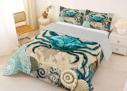 Sea Beach Theme Comforter Set Kids Beach Crabs Print Queen Bedding 3D Sea Animal Crab Luxury Microfiber Quilted Duvet Set with 2 Pillowcases,Soft Lightweight Marine Life Decorative Bedding Soft Fluffy