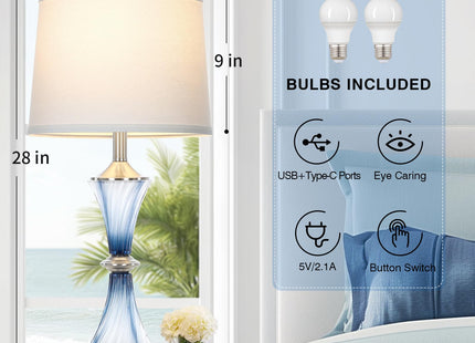 Rinweey Blue Glass Table Lamp Set of 2 with USB C+A Ports & AC Outlet, Bedside Lamp, Modern Bedroom Lamps, Coastal Lamp for Night Stands Bedroom Living Room,Nightstand Lamp LED Bulbs Included