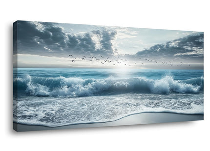 ZOMNAI Blue Ocean Beach Wall Art for Living Room Office Coastal Waves Canvas Painting Prints Art Deco Artwork Boys Bedroom Decor (20x40 Inches)