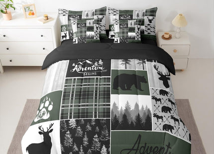 Erosebridal Bear Twin Bedding Set 7 Pieces, 1 Rustic Deer Comforter,1 Lotus Flower Fitted Sheet, 1 Farmhouse Cabin Flat Sheet, 2 Woodland Animal Pillow Cases, 2 Arrows Adventure Throw Pillow Covers