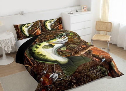 Erosebridal Bass Fish Hunting Duvet Insert Queen Pike Fish Fishing Rod Comforter Set Gifts for Men Women Fisherman Fishing Lover, Retro Wooden Branches Down Comforter Rustic Farmhouse Bedding Set