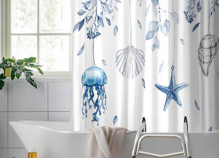 Split Shower Curtain for Transfer Bench, Blue Coastal Waterproof Fabric Shower Curtain, Spring Eucalyptus Leaf Beach Starfish Tub Sliding Transfer Bench Shower Curtains for Bathroom 72'' x 72''