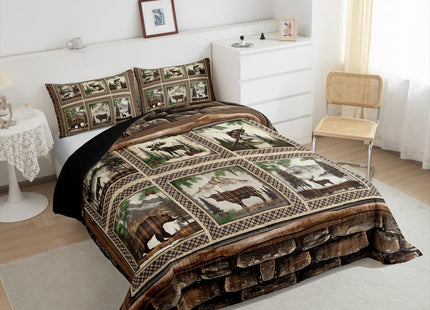 Feelyou Rustic Bear Comforter Set Toddler Size Boys Girls Farmhouse Deer Bedding Set for Kids Cabin Moose Duvet Quilt Highland Cow Brown Plaid Grid Room Decor