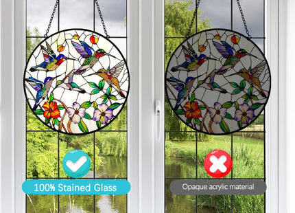 Hummingbird and Flowers Stained Glass Window Hanging - 8″ Hummingbird Suncatcher Indoor Window Hanging Decor Birds Ornaments with Chain and Hooks - Hummingbird Gifts for Women Mom Grandma Bird Lovers