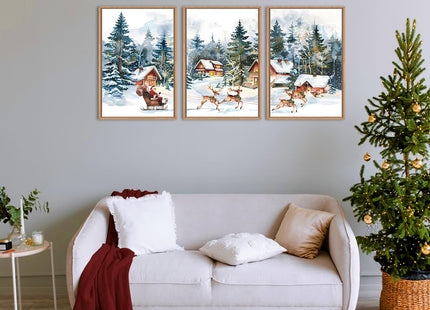 Ausril Christmas Santa Sleigh Deer Framed Canvas Wall Art Set -24"x36"x3