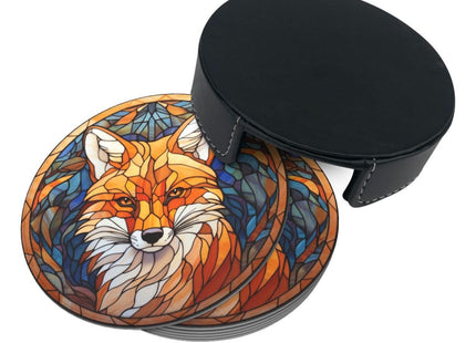 Fox Drink Coaster Set, Leather Coasters with Holder, 6 Pack for Table Protection (Fox)