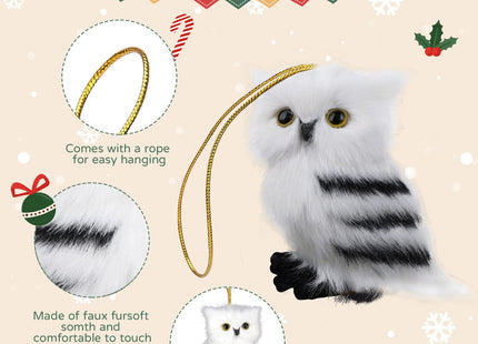 Asodomo 4Pcs Owl White Black Furry Christmas Ornament, Christmas Style Cute Owl Model Tree Decor Fluffy Baby Owl Christmas Ornament