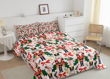 Feelyou Nutcracker Christmas Bow Comforter Set Toddler Size Royal Guarder Duvet Quilt for Kids Girls Xmas Pine Tree Leaves Bedding Set Pink White Soft Warm 1 Pillow Case