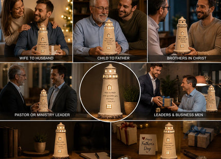 DAILYBREAD Christian Lighthouse Lamp for Men – Ceramic LED Night Light with Scripture Verse, Inspirational Gift for Dad, Husband, Pastor, Christian Home Decor 8" H