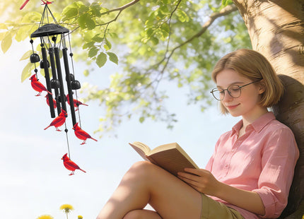 AVEKI Metal Cardinal Wind Chimes for Outside, Cardinal Gifts for Women Mother's Day Birthday Christmas, Black Wind Chime with 7 Cardinal Birds, Outdoor Windchimes Decor for Garden Patio (Red Cardinal)