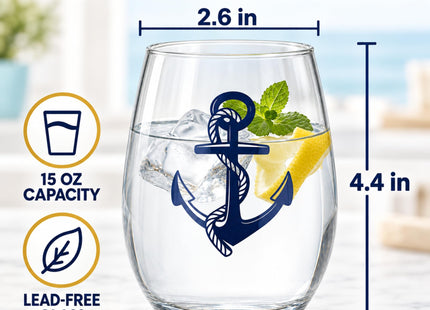 15oz Printed Nautical Stemless Wine Glasses, Set of 4, Anchor & Compass