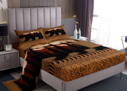 Rustic Bear Queen Bed Sheets For Men,Hunting Woodland Animal Bed Sheet Set Country Brown Patchwork Cowhide Fitted Sheet Farmhouse Flat Sheet Trees Silhouette Wooden Board Decor Bedding 2 Pillow Cases