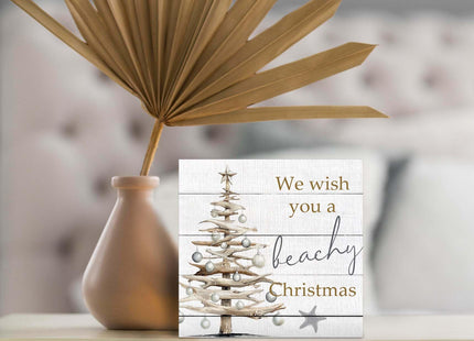 DUXMNAMG We Wish You A Beachy Christmas Wood Box Sign, Starfish Beach Desk Shelf Decor, Coastal Christmas Decor, Xmas Coastal Holiday Wooden Block Plaque Box Sign for Home Office Table Decorations