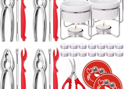 Luvan 33 Pcs Crab Crackers and Tools Set with 4 Crab Leg Crackers, 4 Crab Forks, 4 Lobster Shellers, 4 Butter Warmers, 1 Seafood Scissors, 14 Tealight Candles, 2 Crab Grabber-Seafood Boil Party Supply