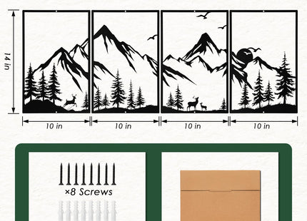 Sanwarm Wall Decor, 4 Pieces, Black Metal, for Home Mountain Forest