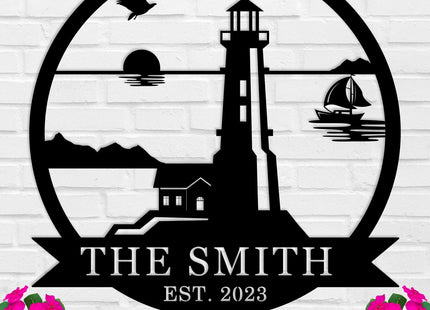 Custom Lighthouse Metal Sign, Personalized Lighthouse Sign, monogram wall decor，personalized signs for home decor， Personalized Lighthouse Monogram Sign, Nautical Decor, Custom Metal Sign